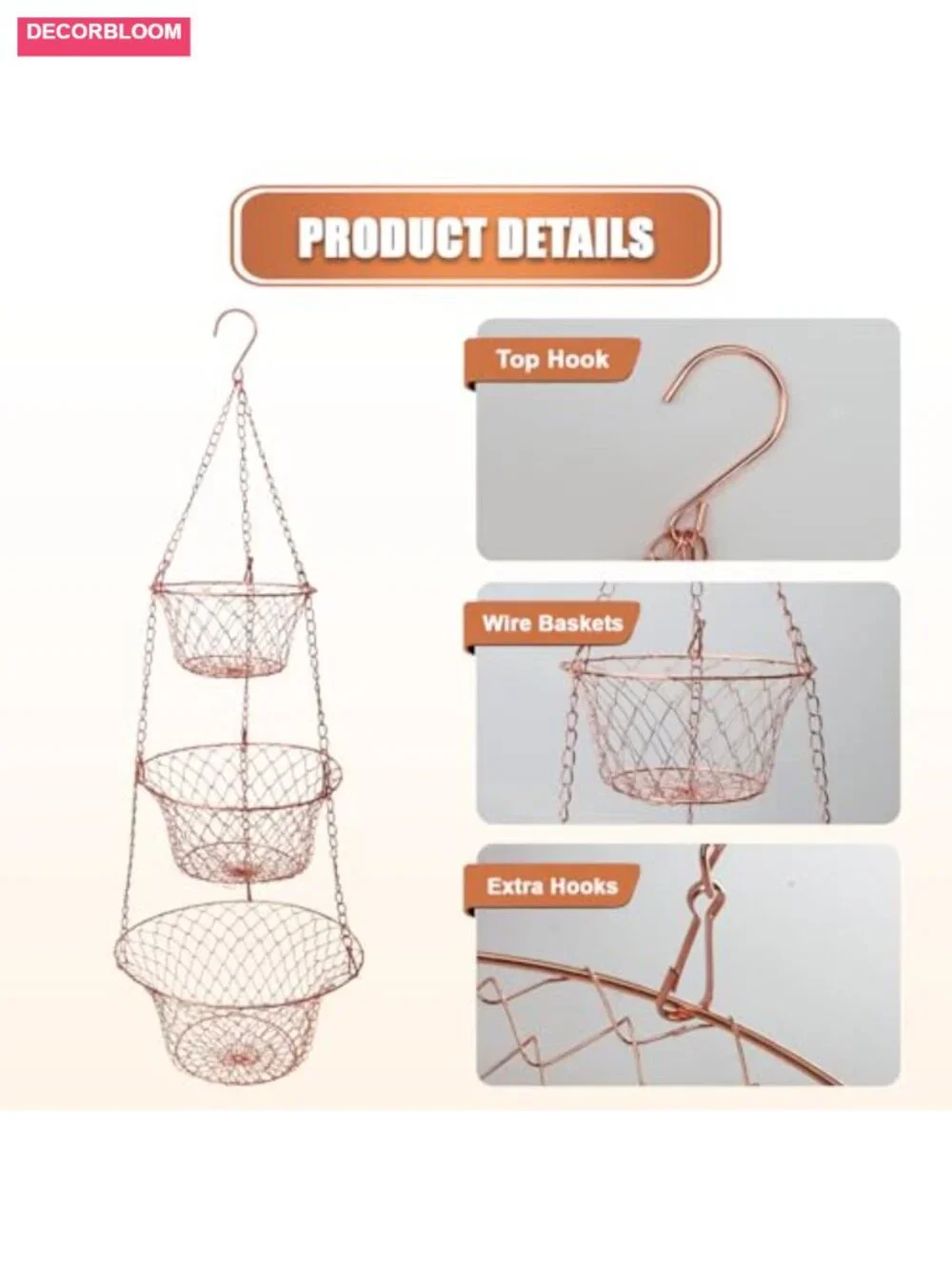 3 Tier Hanging Fruit Basket Heavy Duty Wire Storage Rack with Hooks